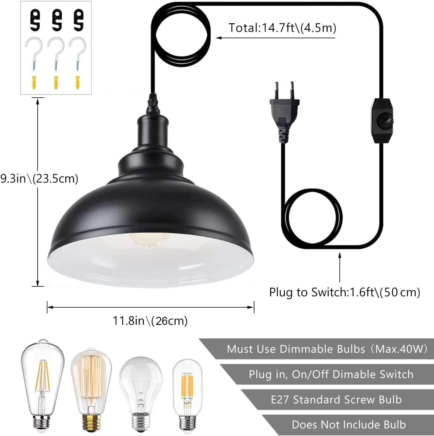 Industrial Vintage 2‑Piece Plug‑In Pendant Light Kit with Dimmer