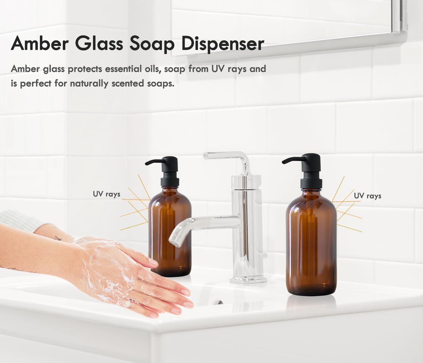 Amber Glass Soap Dispenser Set – 2 Pack 500ml Refillable