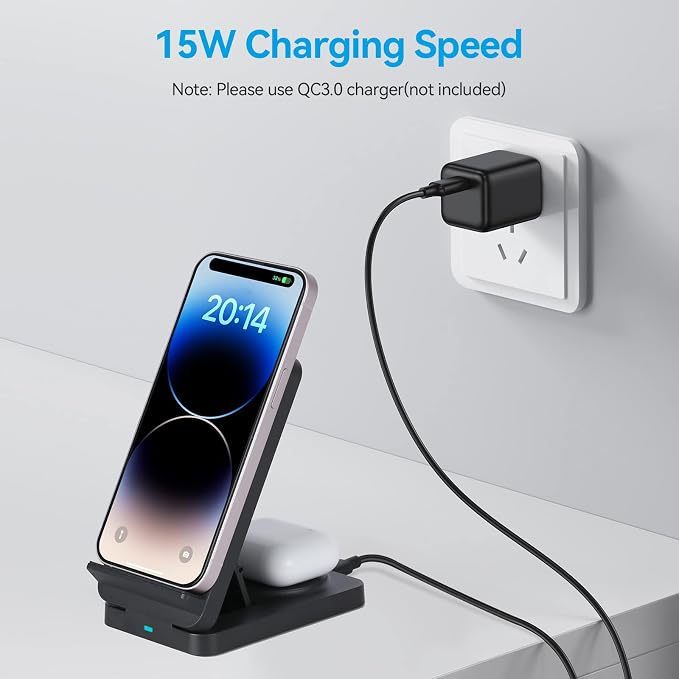 AGPTEK Wireless Charger 15W, 3 in 1 Foldable Wireless Charging Station
