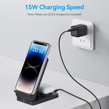 AGPTEK Wireless Charger, 3 in 1 Foldable Wireless Charging Station 15W