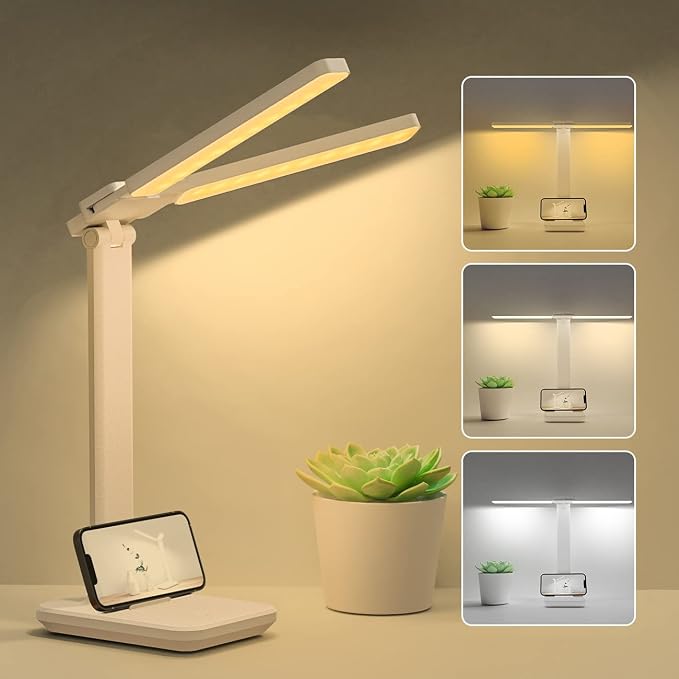 Hepside Double Head LED Desk Lamp Dimmable 3 Color Temperatures USB Touch Control