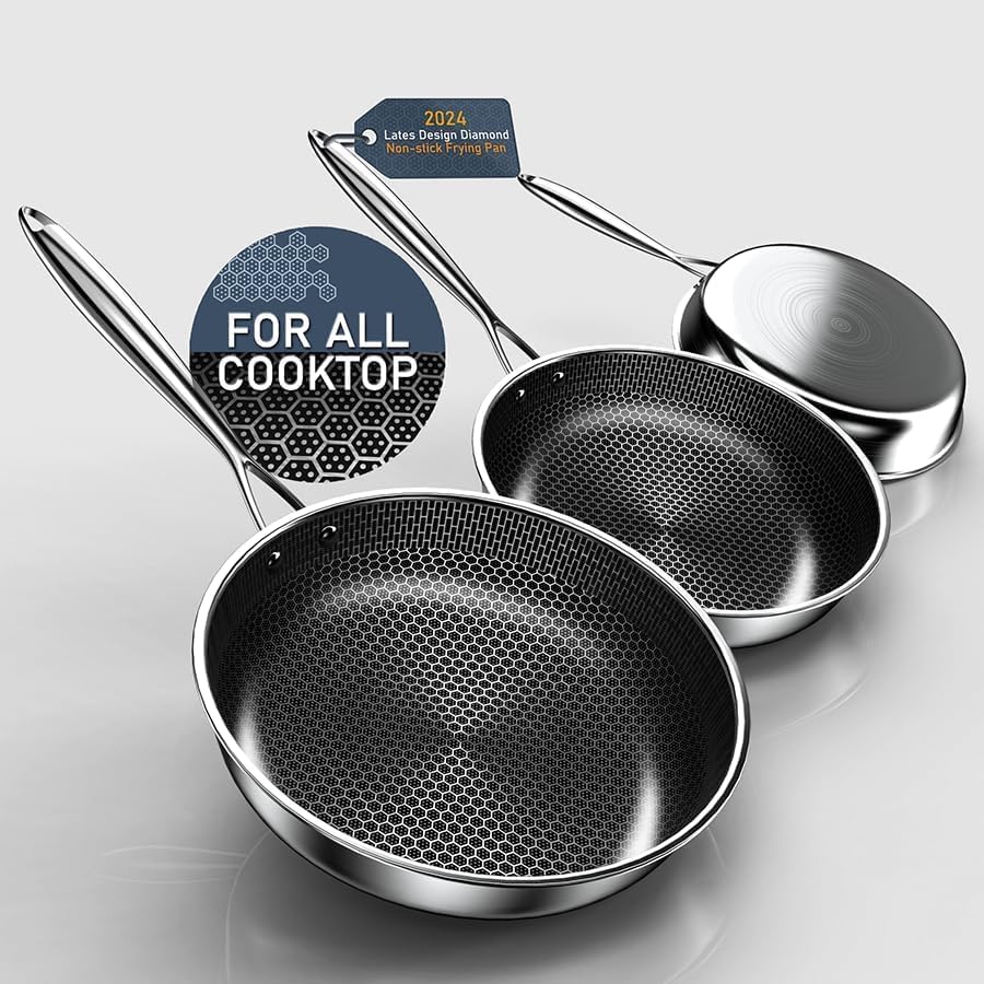 Kiseely Set of 3 Frying Pans, 26 cm + 28 cm + 30 cm, Diamond Non-Stick Frying Pan, Premium Stainless Steel, Suitable for Induction, PTFE Free, PFAS Free, PFOA Free (FG1)