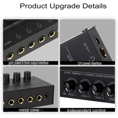 HSCLPM HA400 4-Channel Metal Headphone Amplifier with 12V Adapter