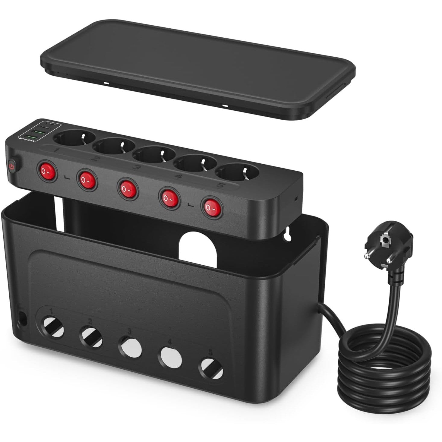 HoniHom Black Cable Box with 5 Switchable Outlets & USB