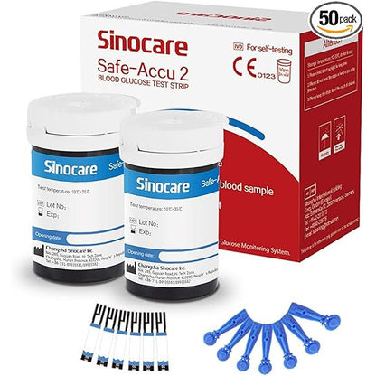 Sinocare Safe Accu2 Blood Sugar Test Strips – 50 Strips + 50 Lancets – Precise Glucose Monitoring