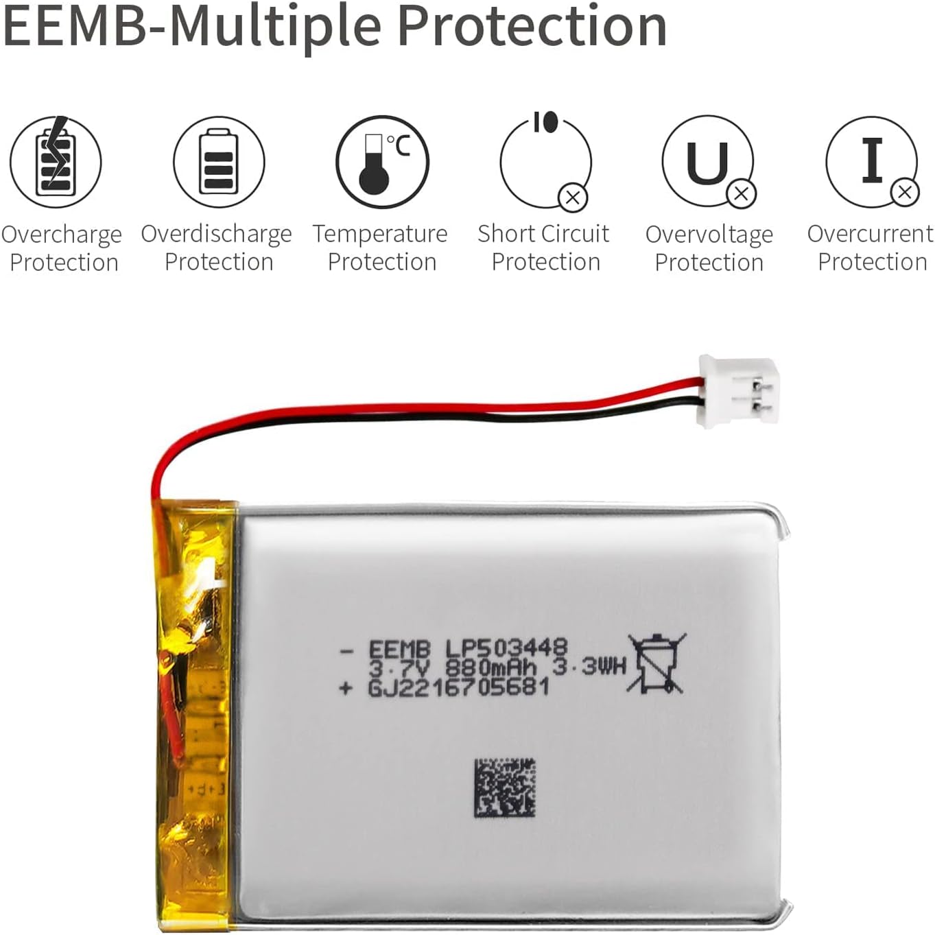 EEMB LP503448-PCM 3.7V 880mAh Lithium Polymer Rechargeable Battery with JST Connector