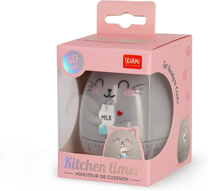Legami Kitty Kitchen Timer – Manual 60-Minute, Battery-Free, Grey
