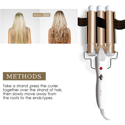 Crebeau 3-Barrel Gold Hair Curler with Adjustable 210°F Temperature