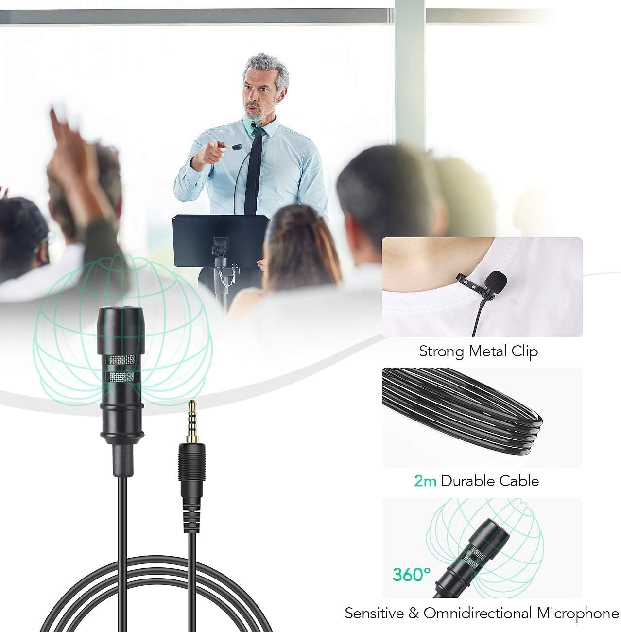AGPTEK AC02BCN Clip-On Lavalier Microphone with Adapters