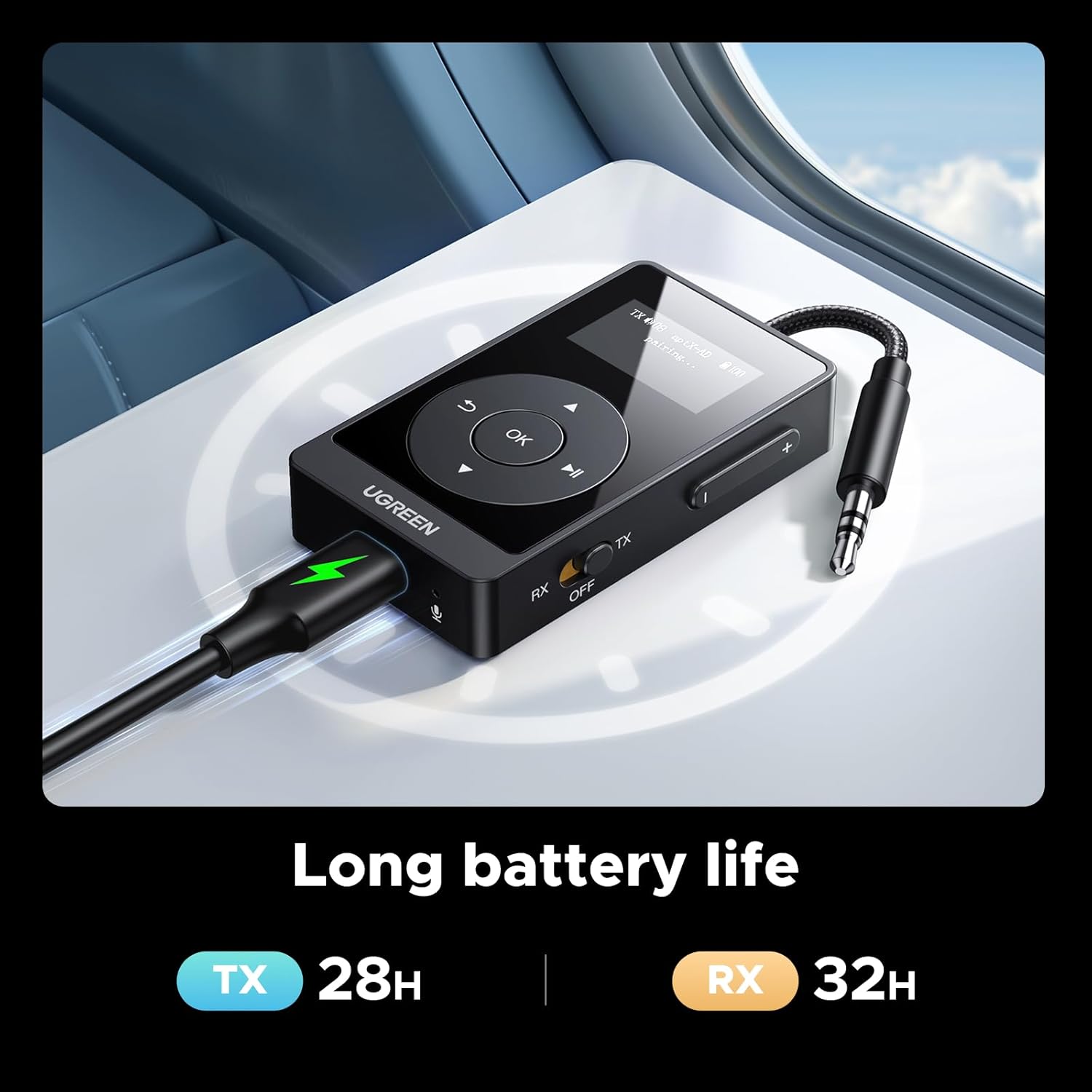UGREEN Airplane Bluetooth 5.3 Transmitter Receiver for AirPods – 2‑in‑1 AptX Adaptive, 32‑Hour Battery, Low‑Latency Travel Adapter
