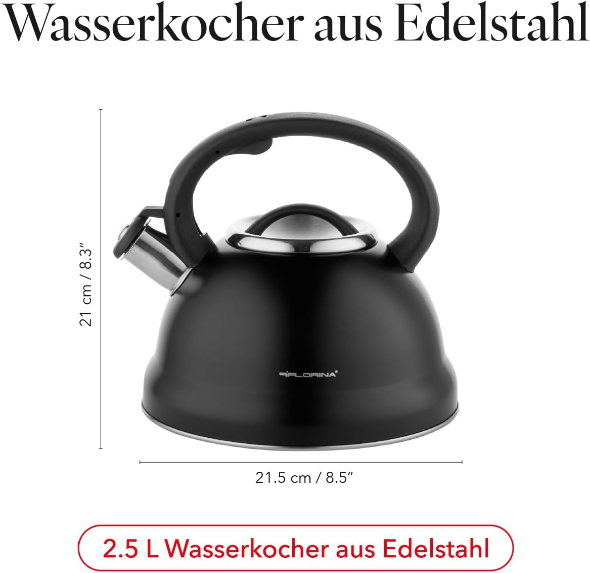 Florina Jacob 2.5L Stainless Steel Whistling Kettle – Black, Induction Ready