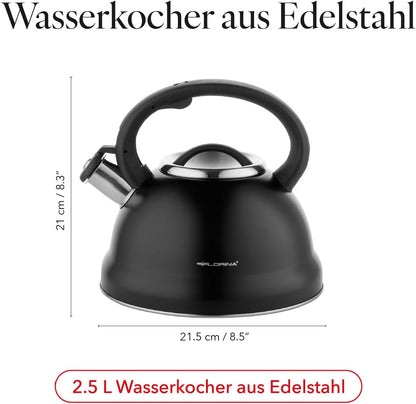 Florina Jacob 2.5L Stainless Steel Whistling Kettle – Black, Induction Ready