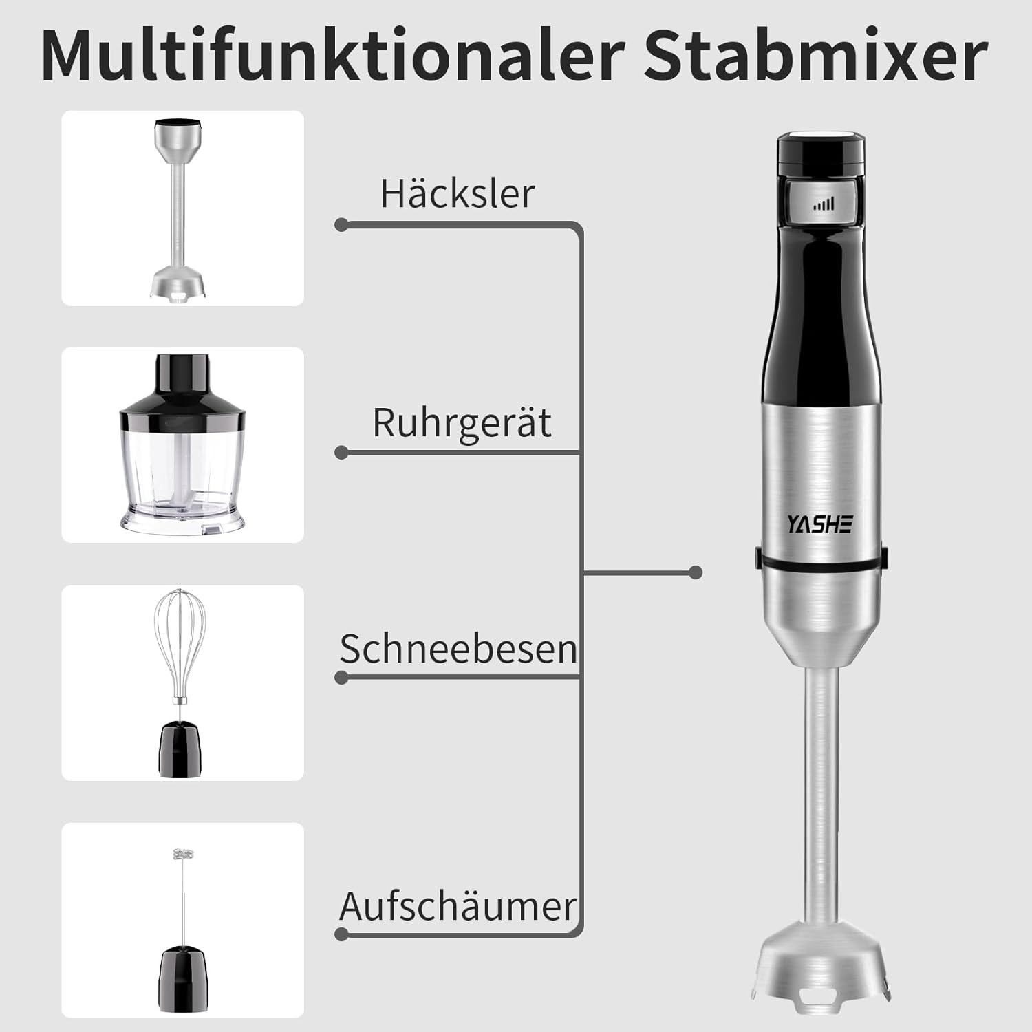 YASHE 5-in-1 1000W Immersion Hand Blender with Chopper, Whisk, Frother