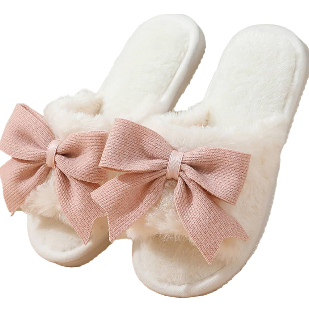 Cozy Bow Knot Plush White Open-Toe Slippers for Women