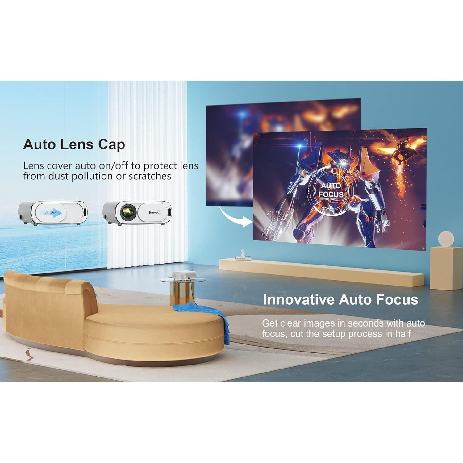 Jimveo AI Auto-Focus Portable 4K Projector with WiFi 6, 1500 ANSI Lumens
