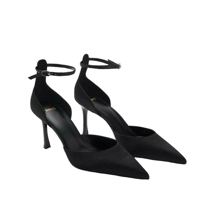 Mango ZOOM Black Pointed Toe Stiletto High Heel Pumps with Ankle Strap