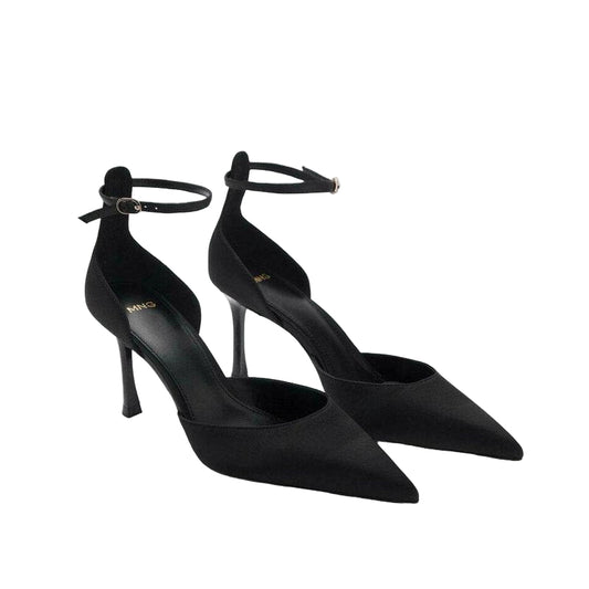Mango ZOOM Black Pointed Toe Stiletto High Heel Pumps with Ankle Strap
