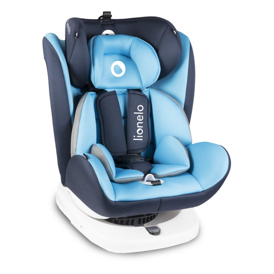 Blue and navy car seat with 'lionelo' branding on a white background