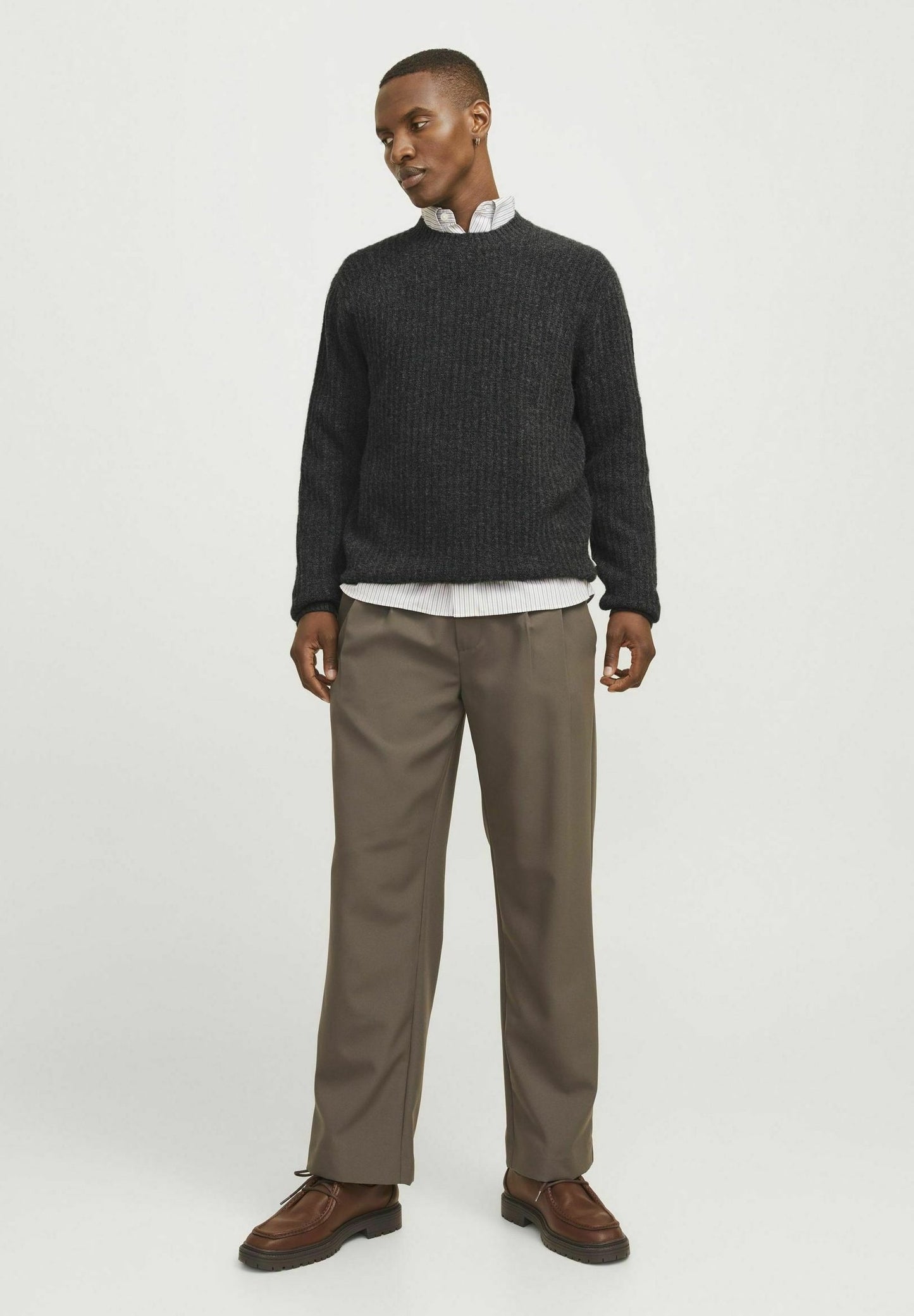 Jack & Jones PREMIUM Men's Dark Grey Melange Knit Crew Neck Jumper