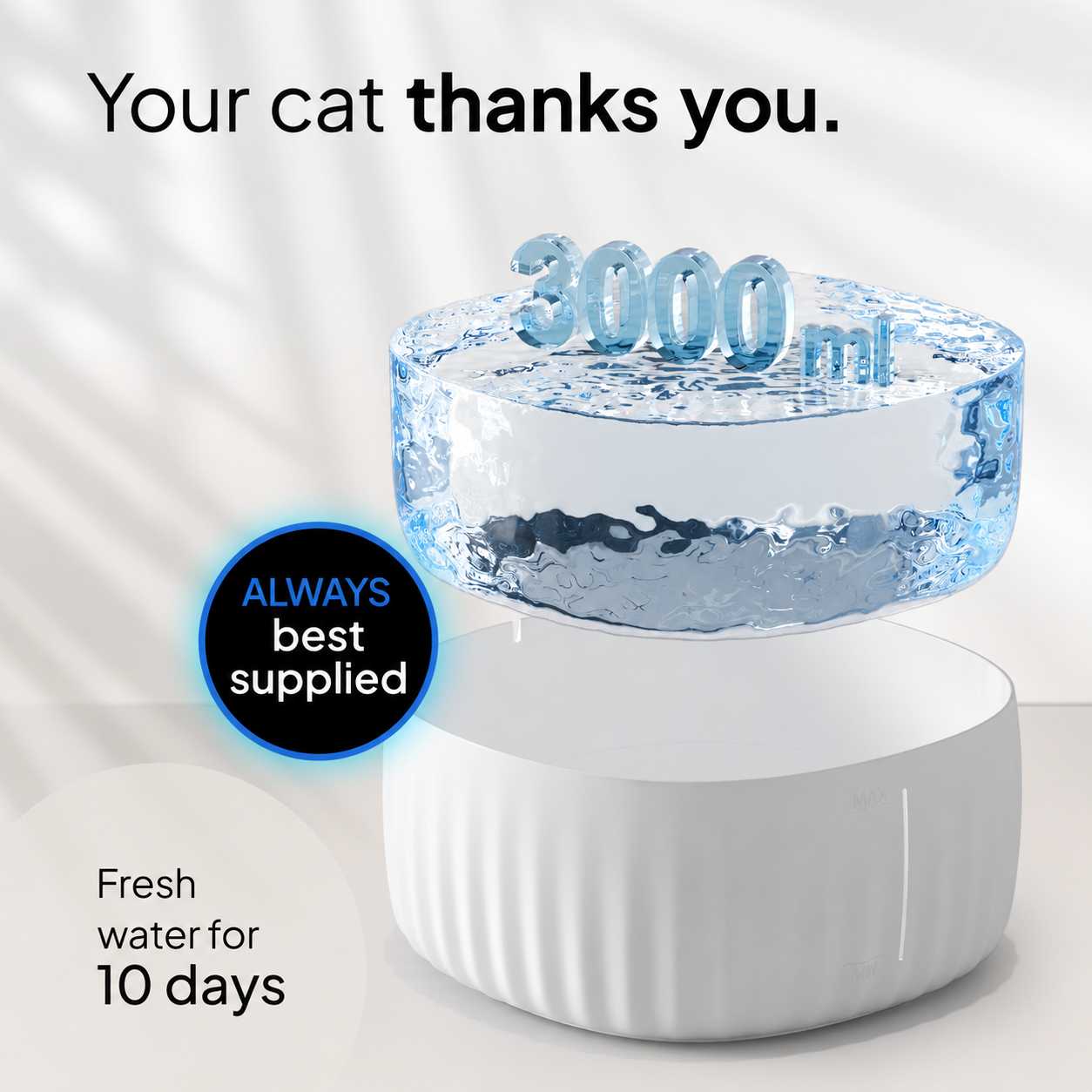 PrettyPaw Aqua Flow Cat Water Fountain 3L BPA-Free with LED and Carbon Filter