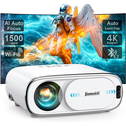 Jimveo AI Auto-Focus Portable 4K Projector with WiFi 6, 1500 ANSI Lumens