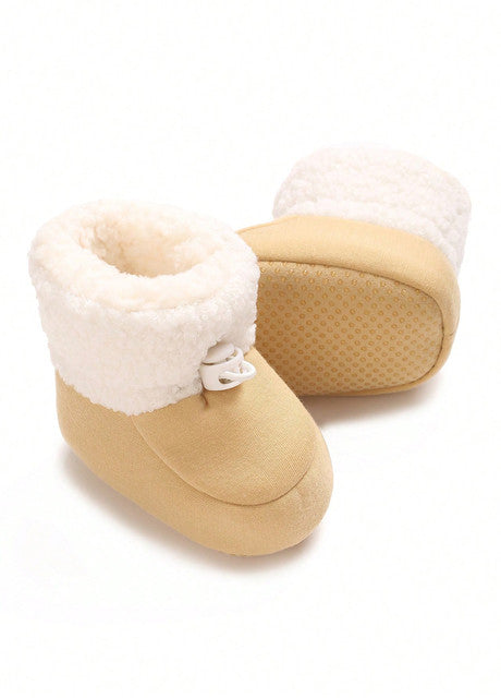 SHEIN Sand-Colored Baby Booties with Soft Fur Lining for Infants