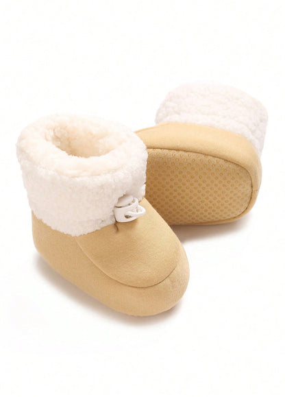 SHEIN Sand-Colored Baby Booties with Soft Fur Lining for Infants