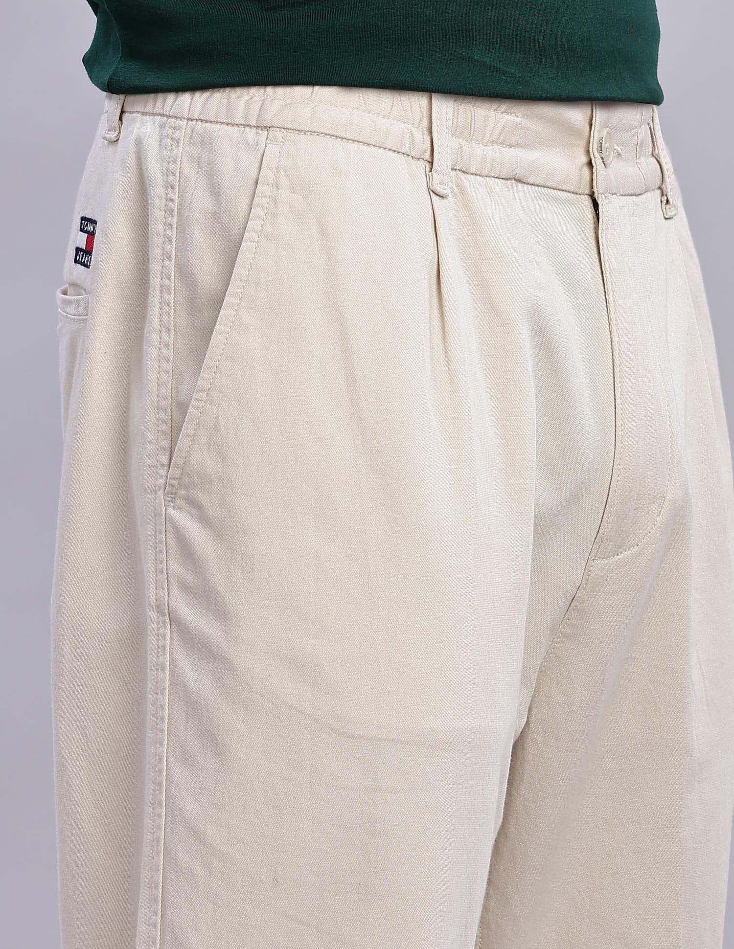 Tommy Hilfiger Men's Beige Solid Cotton Relaxed Fit Casual Trousers Comfort - Gomix Brands Outlet