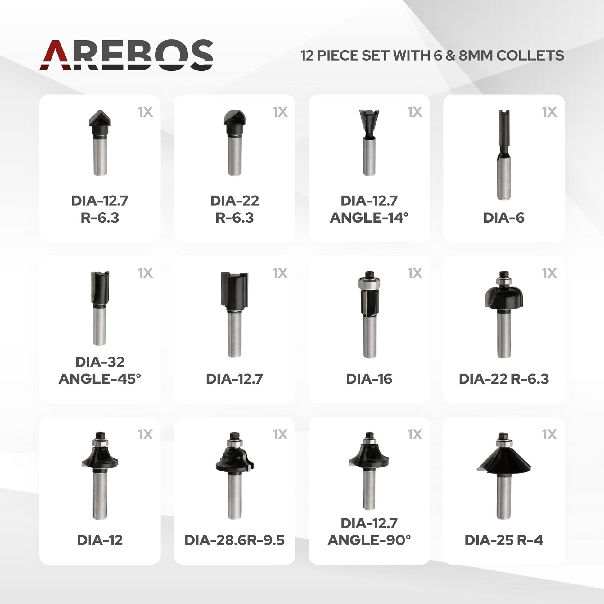 AREBOS 1200W Electric Router with 12 Cutters and Carrying Case