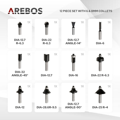 AREBOS 1200W Electric Router with 12 Cutters and Carrying Case