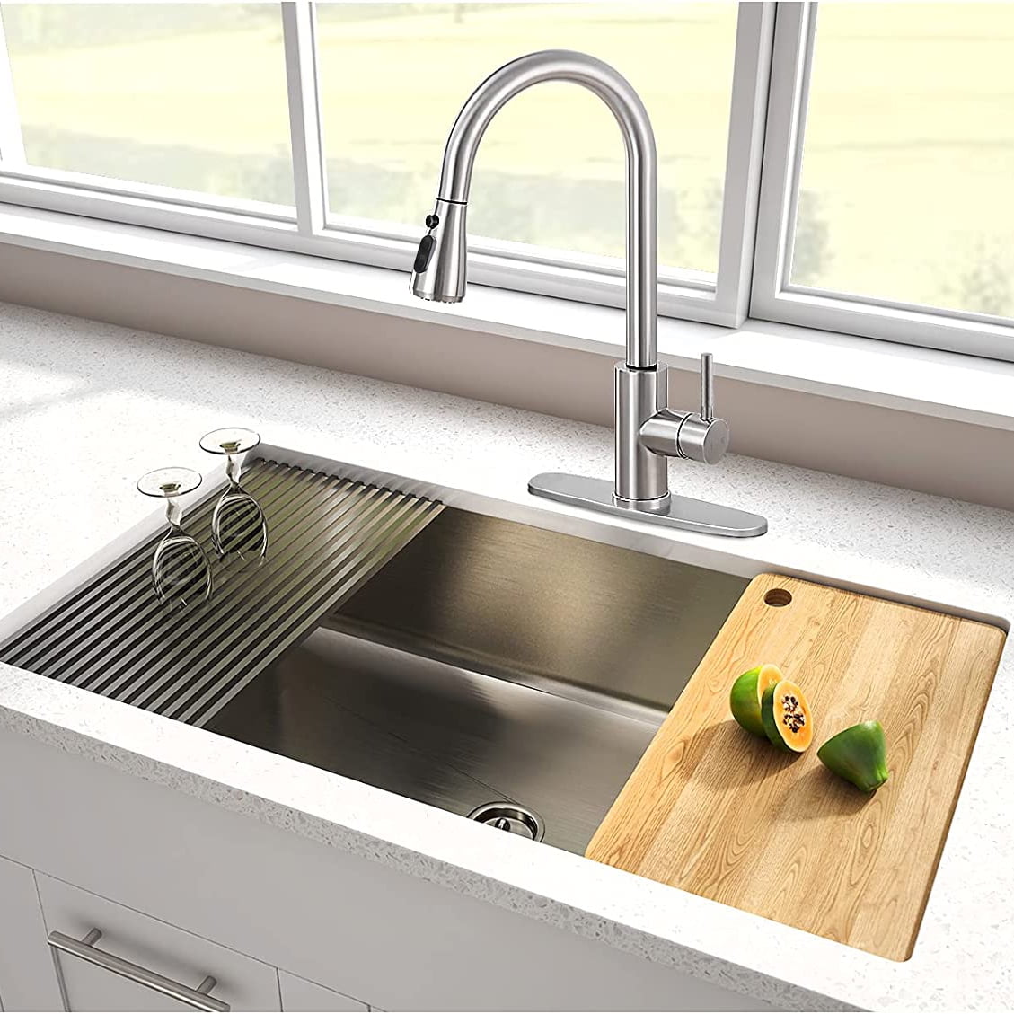 PHANCIR High-Arc Brushed Nickel Kitchen Faucet with Pull-Down Sprayer & Pause Button