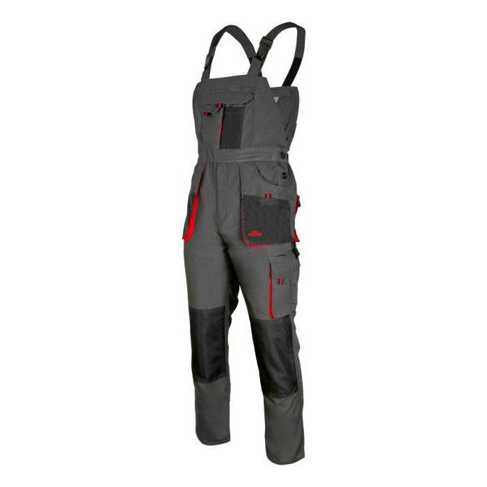 Durable Red & Graphite Work Bib Pants with Reinforced Knees and 10 Pockets