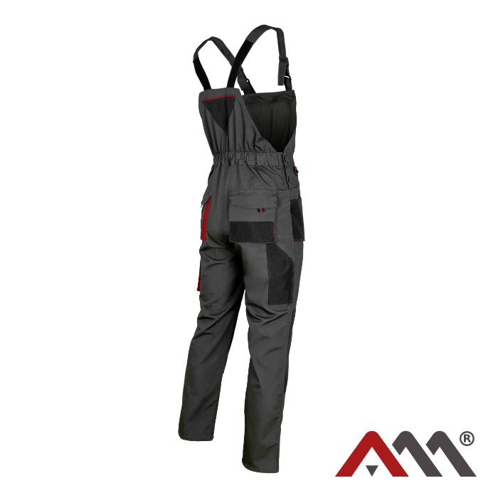 Durable Red & Graphite Work Bib Pants with Reinforced Knees and 10 Pockets