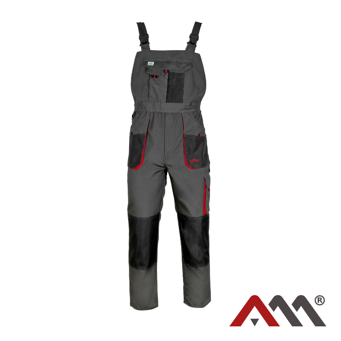 Durable Red & Graphite Work Bib Pants with Reinforced Knees and 10 Pockets