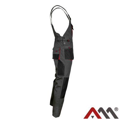 Durable Red & Graphite Work Bib Pants with Reinforced Knees and 10 Pockets