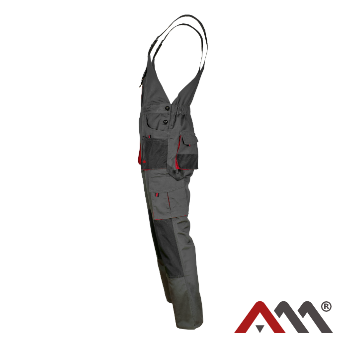 Durable Red & Graphite Work Bib Pants with Reinforced Knees and 10 Pockets