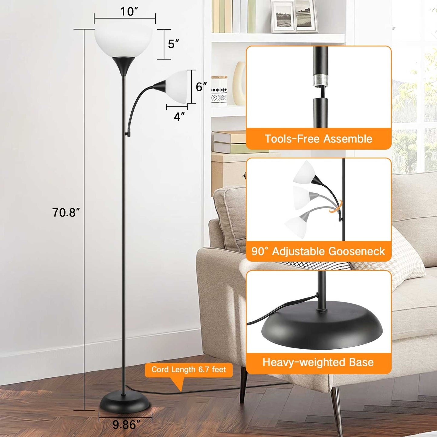 70" Tall LED Torchiere Floor Lamp Adjustable Reading Light with Remote Control and Foot Switch