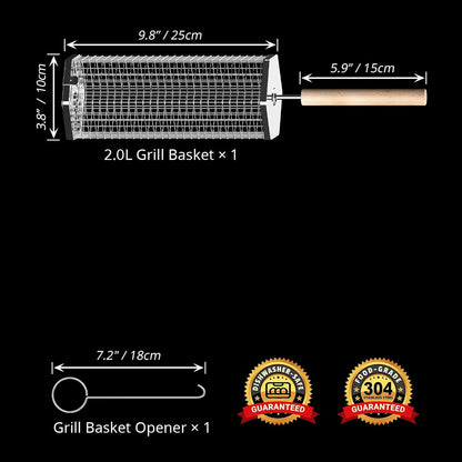 Rolling Grill Basket with Removable Wooden Handle, 304 Stainless Steel Nestable Set for Vegetables and Meats
