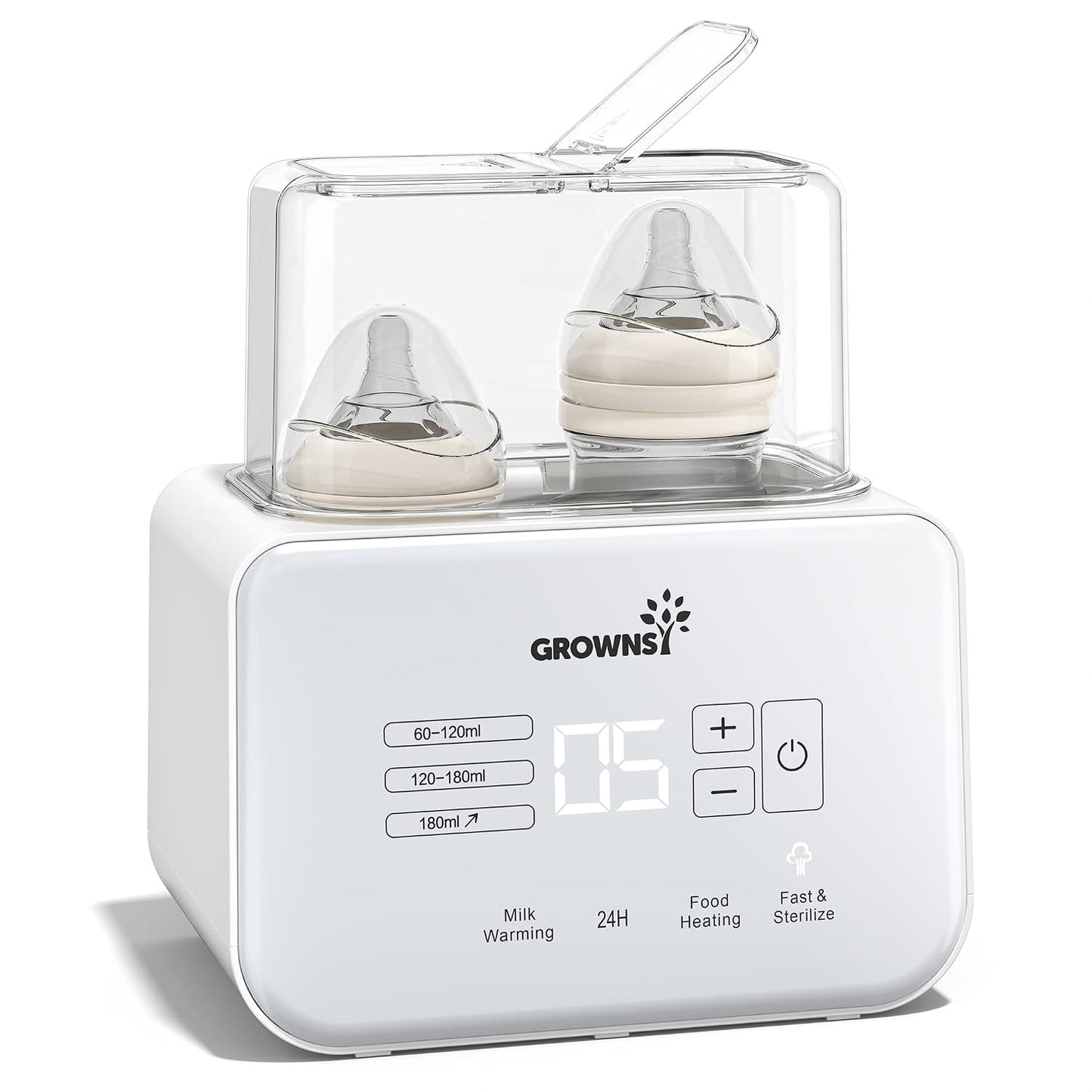 GROWNSY Fast Double Baby Bottle Warmer 8-in-1 Breastmilk & Formula Precise Temp Control Timer Defrost Sterilize Keep Warm Food Heating