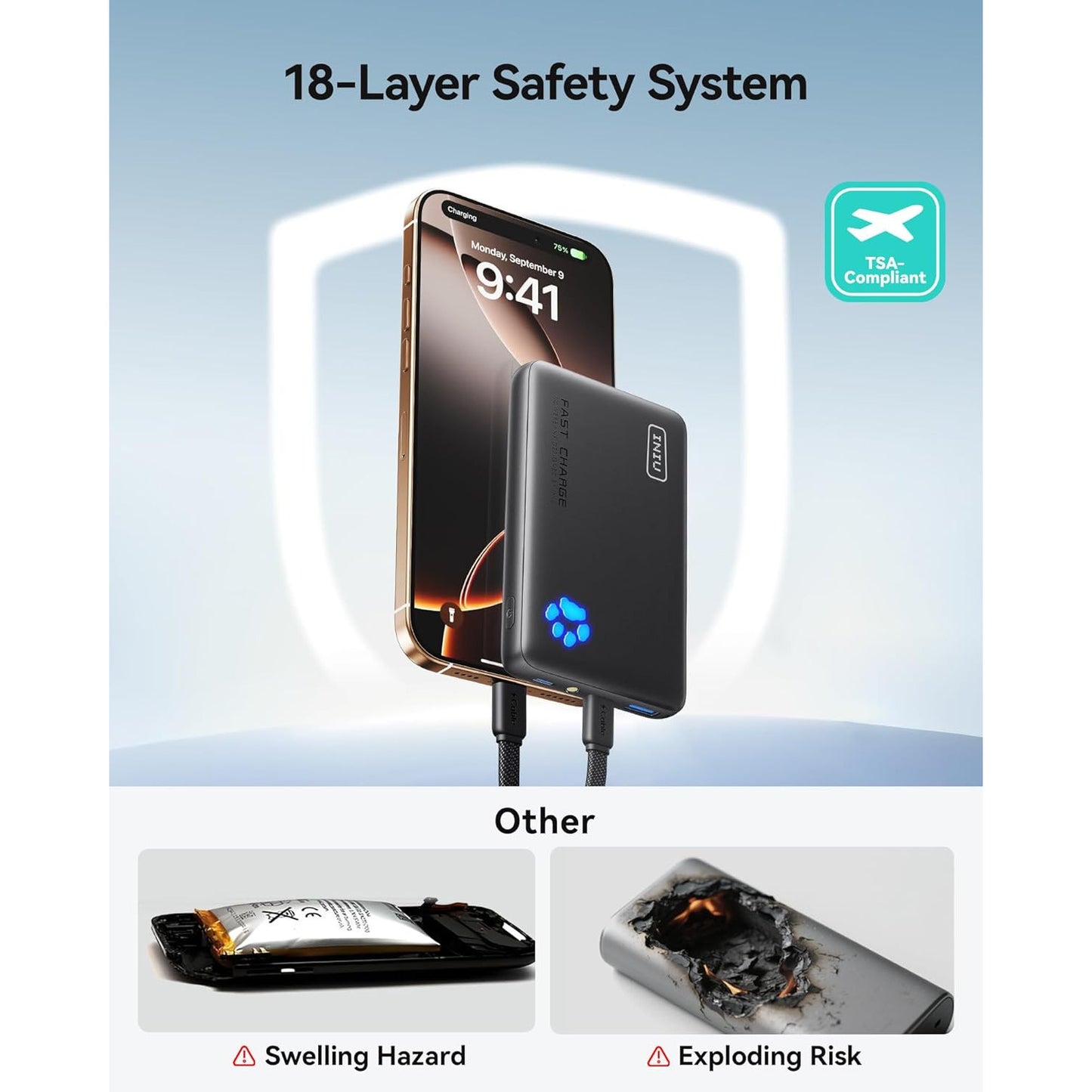 INIU Slim 10000mAh 45W PD Power Bank – Fast USB‑C, Beige