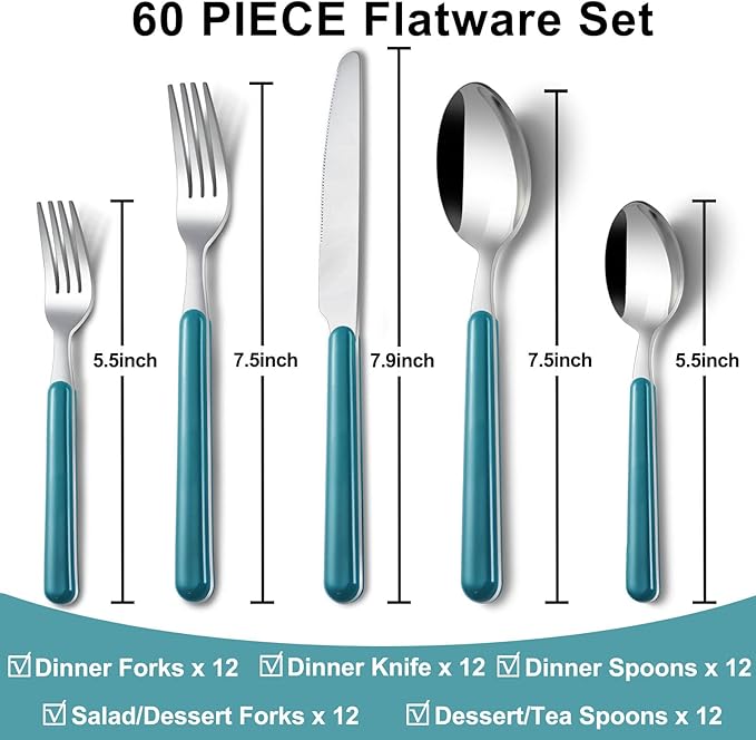 BEWOS 60 Piece Cutlery Set for 12 People, Blue Handles, Machine-Dishwasher Safe