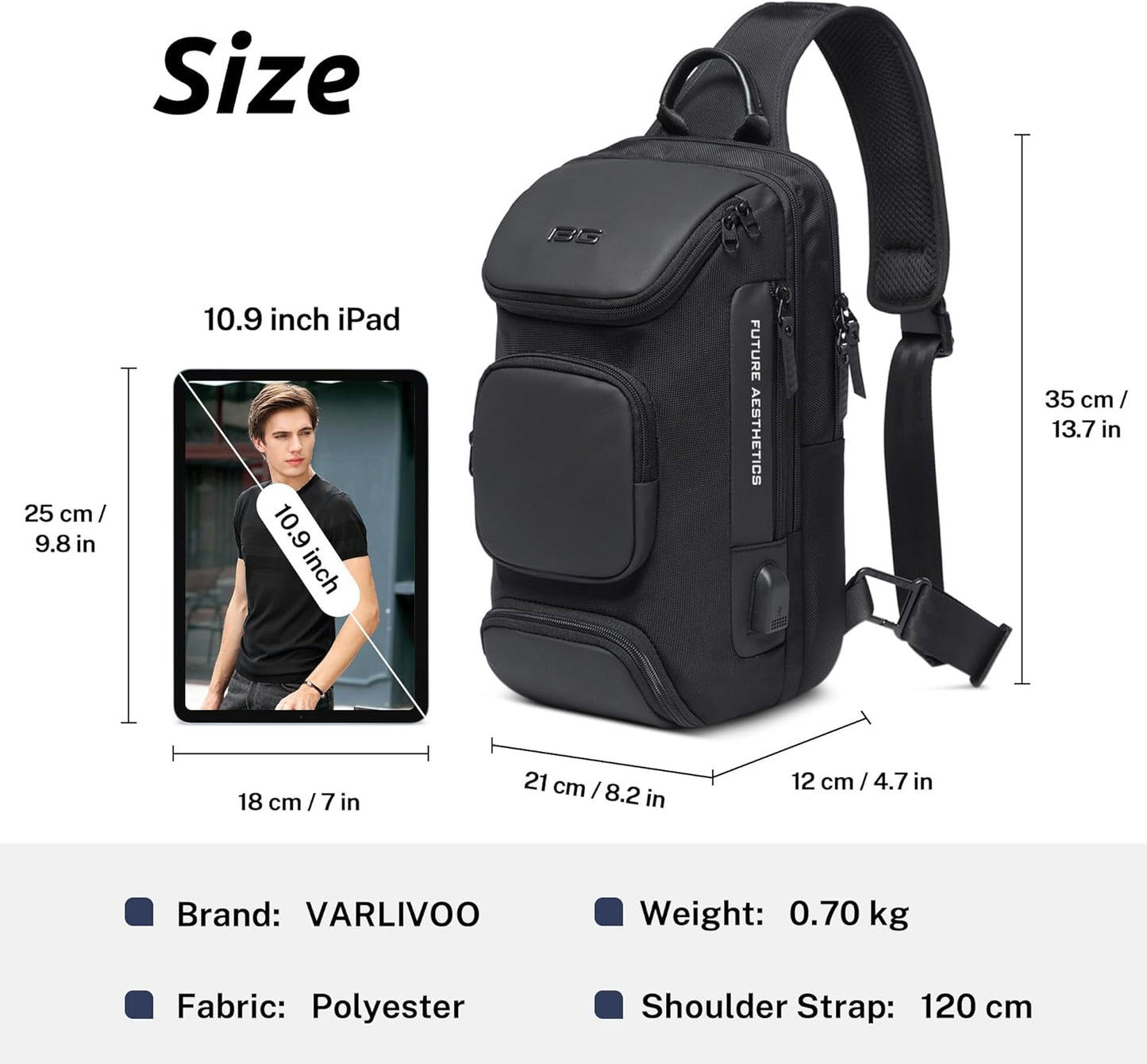 VARLIVOO Men's Waterproof USB Charging Sling Chest Bag for Tech & Travel