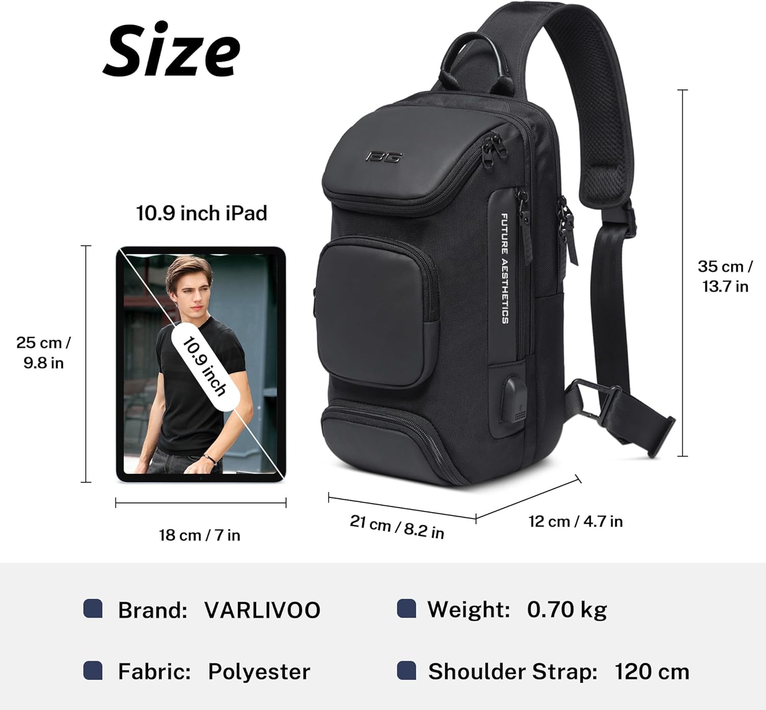 VARLIVOO Men's Waterproof USB Charging Sling Chest Bag for Tech & Travel