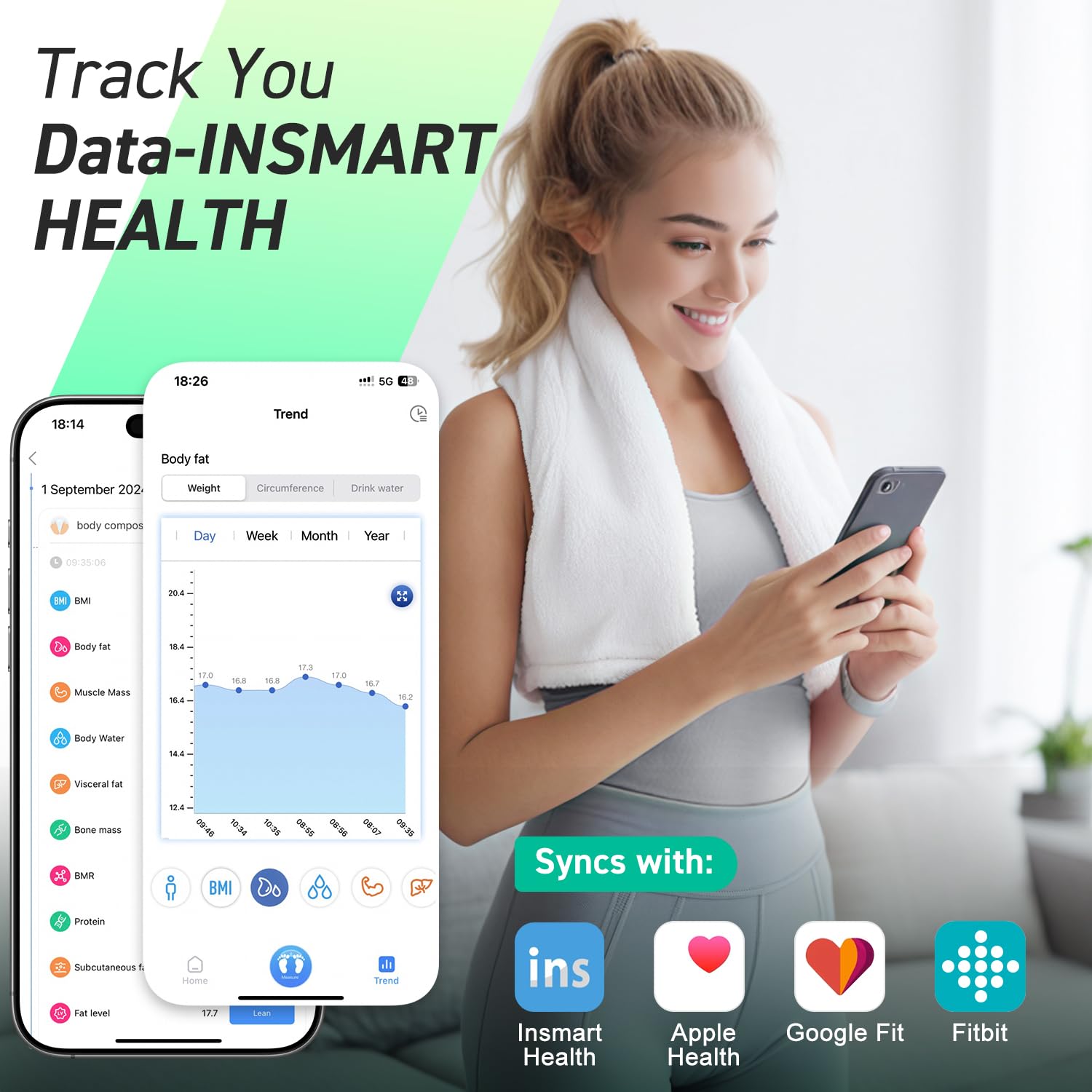 INSMART 400 lb Bluetooth Smart Scale with 17 Body Composition Metrics