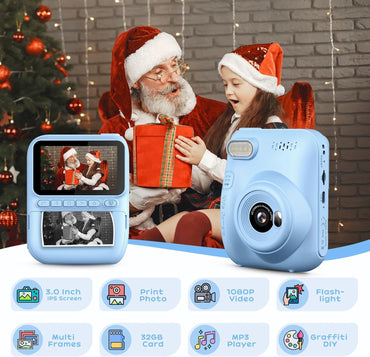 GREENKINDER H2 Kids Instant Print Camera 3.0" Screen 1080P 32GB Card for Ages 3-12