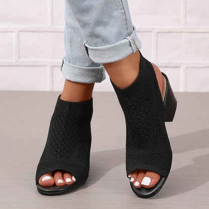 Women's Knit Chunky Block Heel Sandals with Slingback Peep Toe