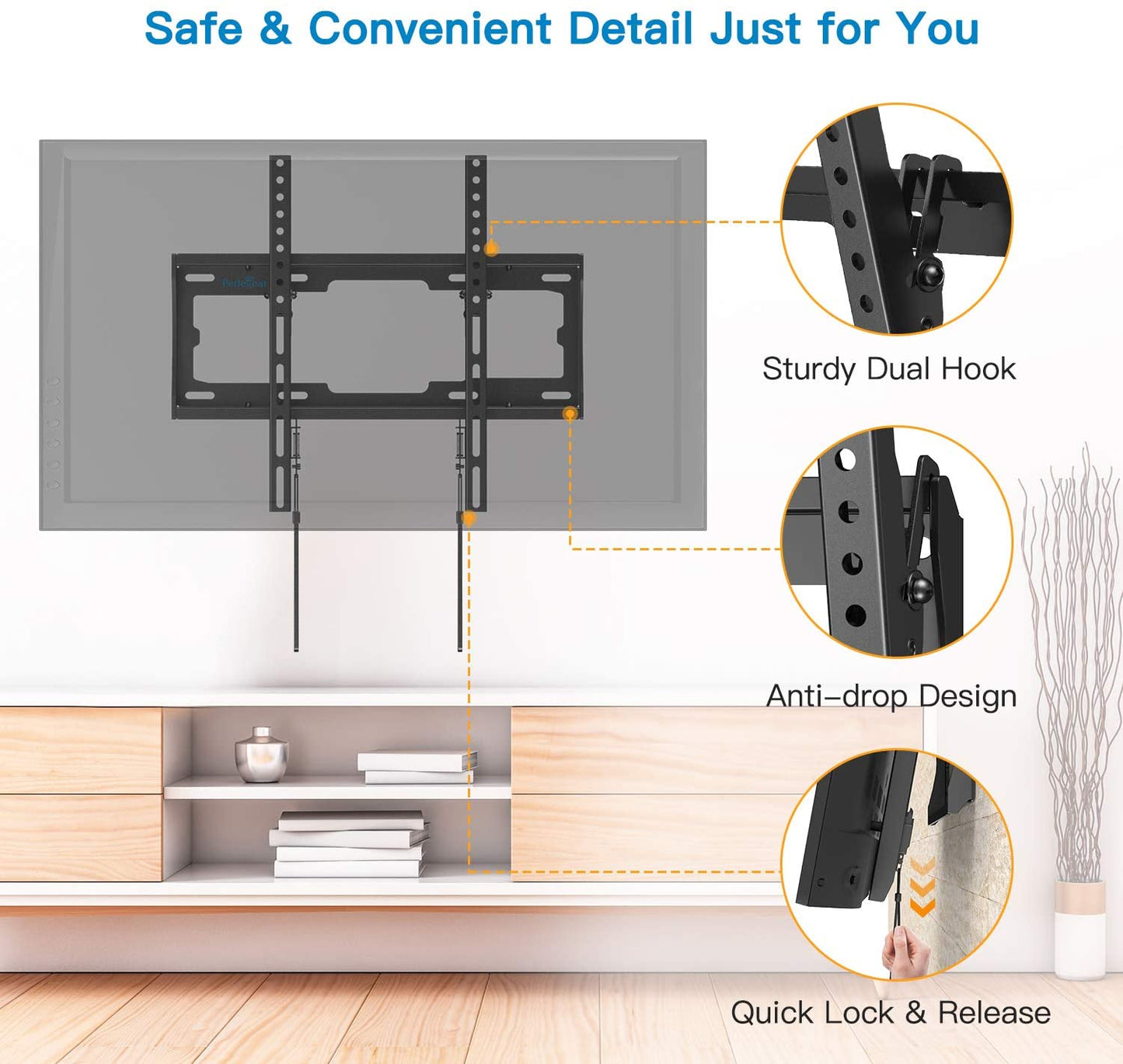 Perlegear TV Wall Bracket for Most 26-55 inch TVs up to 45kg Max VESA 400x400mm Tilt Mount with Pull Cord Safety Locks PGPIMTK1-E