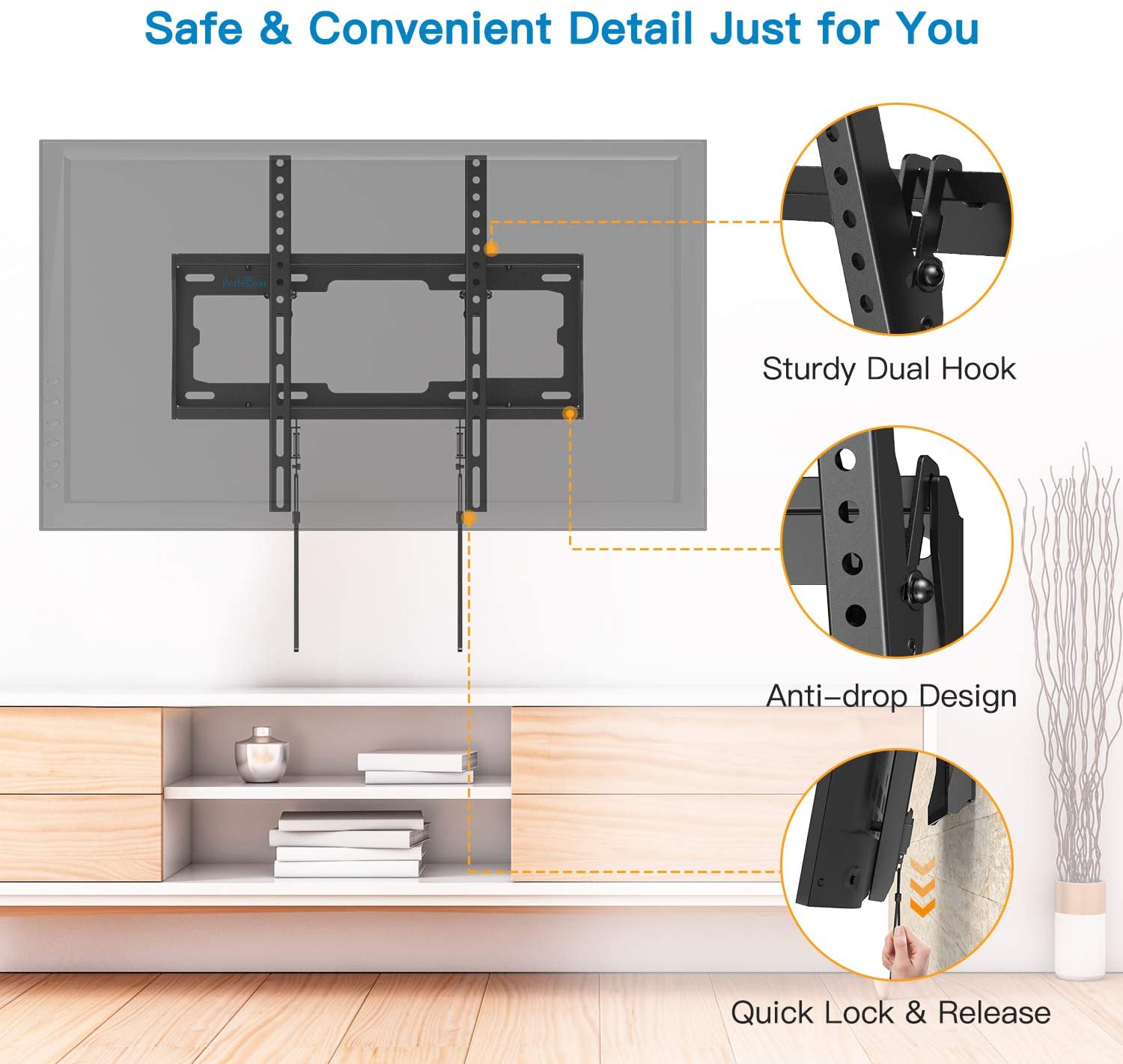 Perlegear TV Wall Bracket for Most 26-55 inch TVs up to 45kg Max VESA 400x400mm Tilt Mount with Pull Cord Safety Locks PGPIMTK1-E