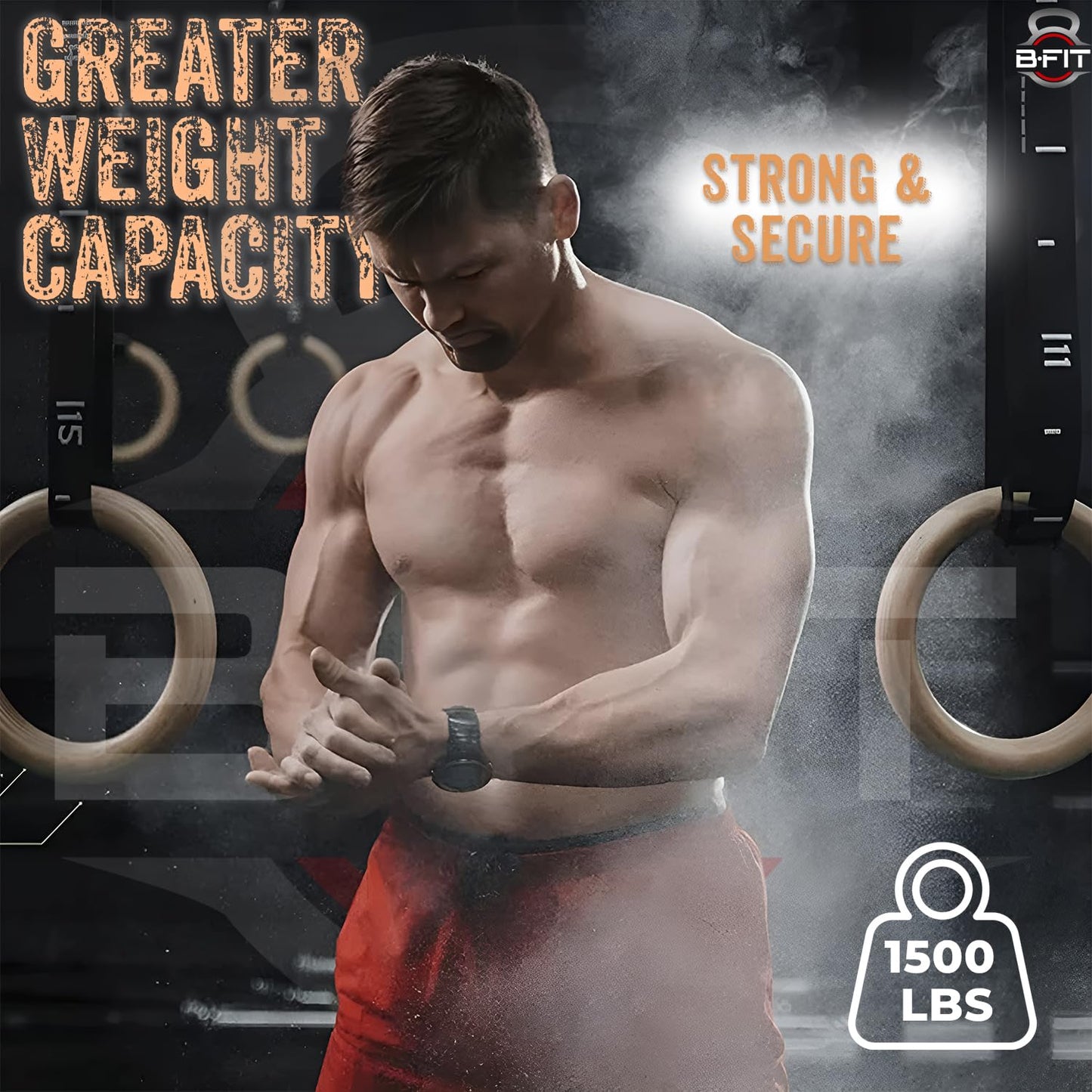 B Fit Wooden Gymnastic Rings with Heavy-Duty Adjustable Straps