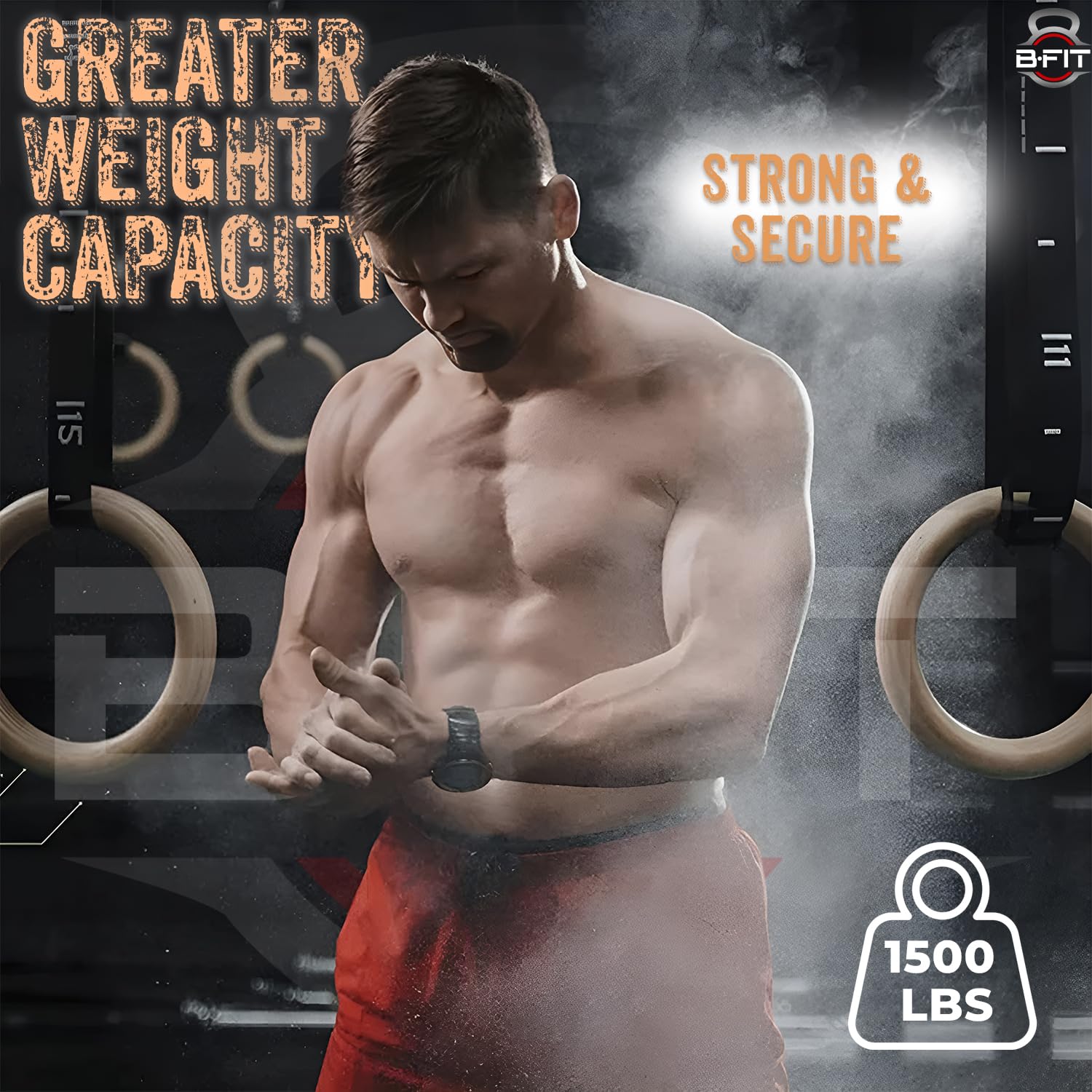 B Fit Wooden Gymnastic Rings with Heavy-Duty Adjustable Straps